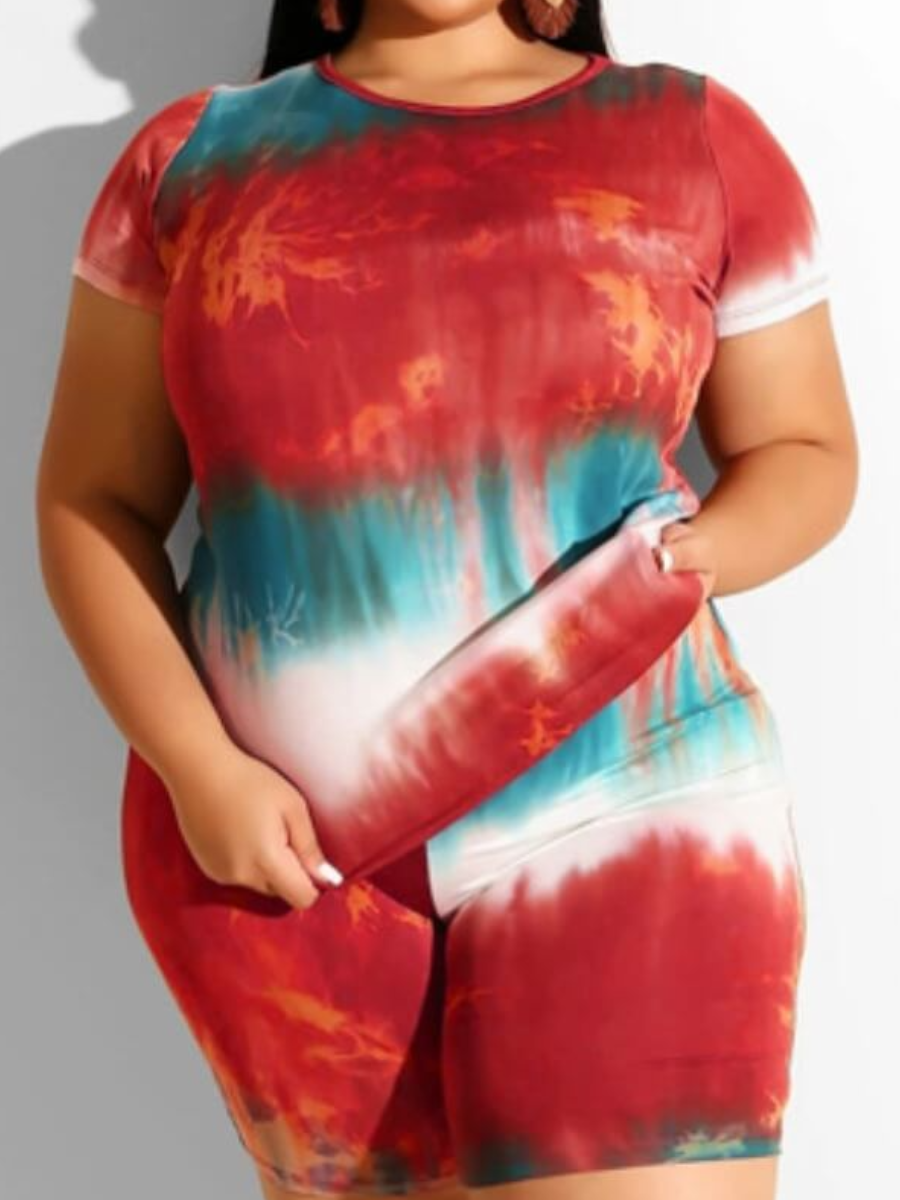 LW Plus Size Trendy Tie-dye Red Two-piece Shorts Set