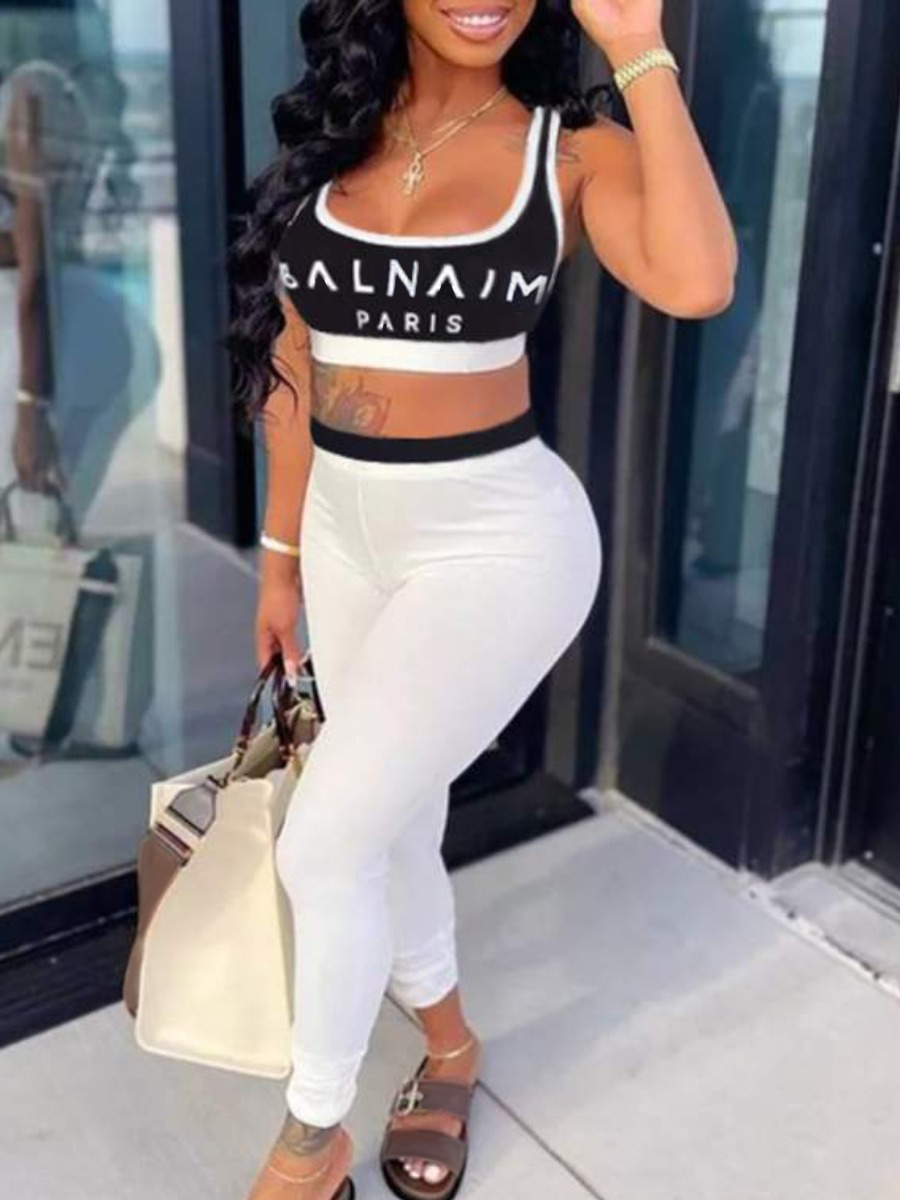 LW Crop Top Letter Print High Stretchy Pants Set