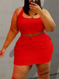 LW BASICS Plus Size Casual U Neck Elastic Wine Red Two-piece Skirt Set