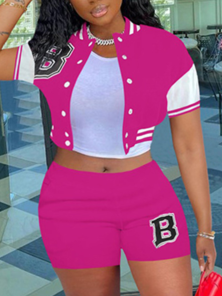 LW Plus Size Crop Top Letter Decor Striped Shorts Set