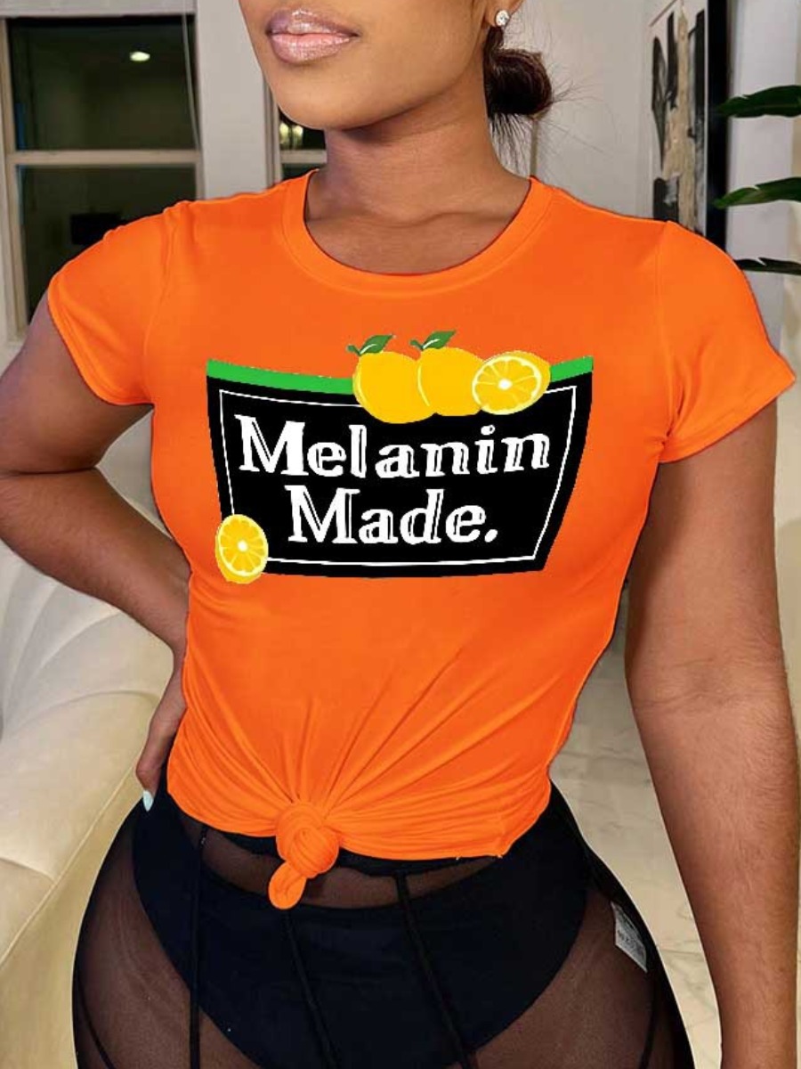 LovelyWholesale Lemon Melanin Made Letter Print T-shirt Summer Short Sleeve Casual Round Neck Spring Summer 2024