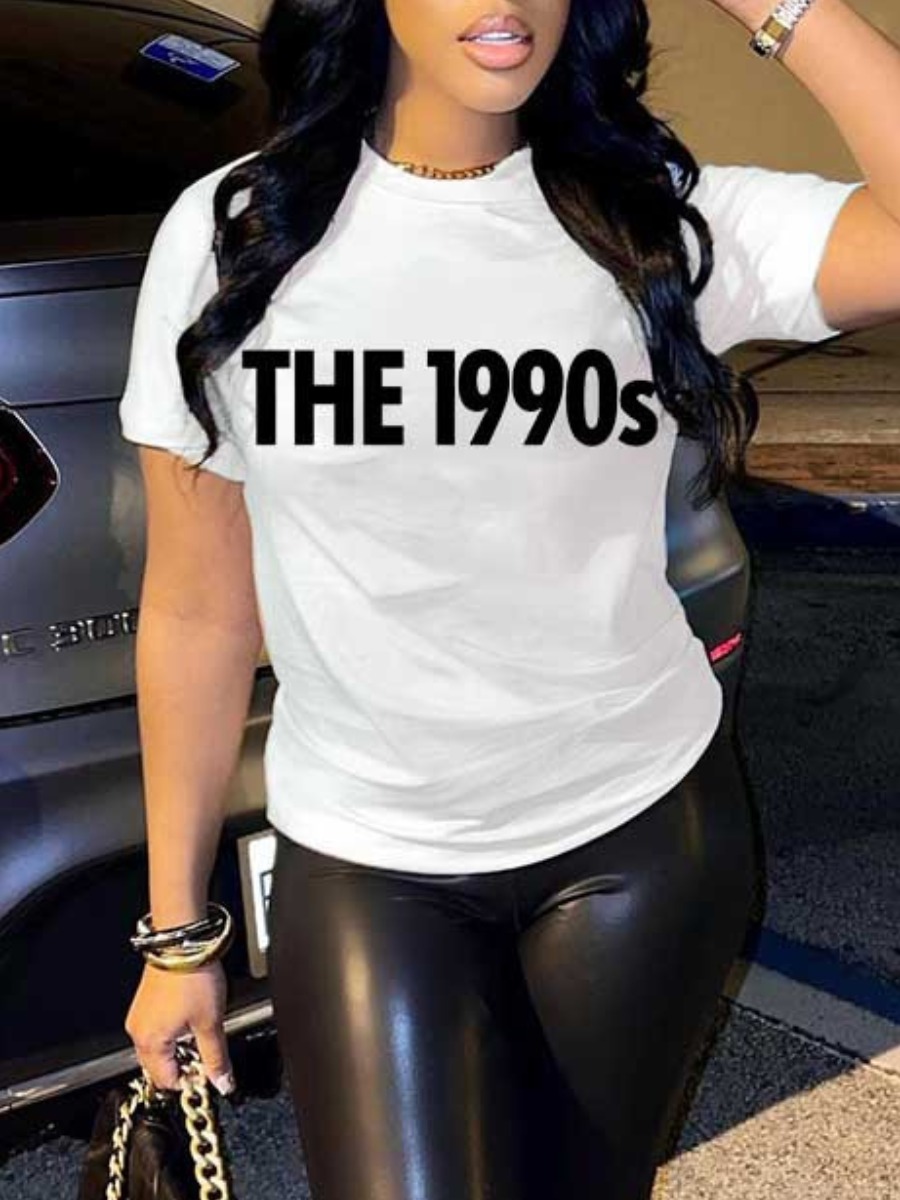 LovelyWholesale The 1990s Letter Print T-shirt Summer Short Sleeve Casual Round Neck Spring Summer 2024