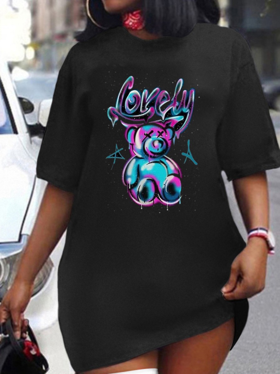 LW Plus Size Bear Cartoon Lovely Letter Print T-shirt Dress