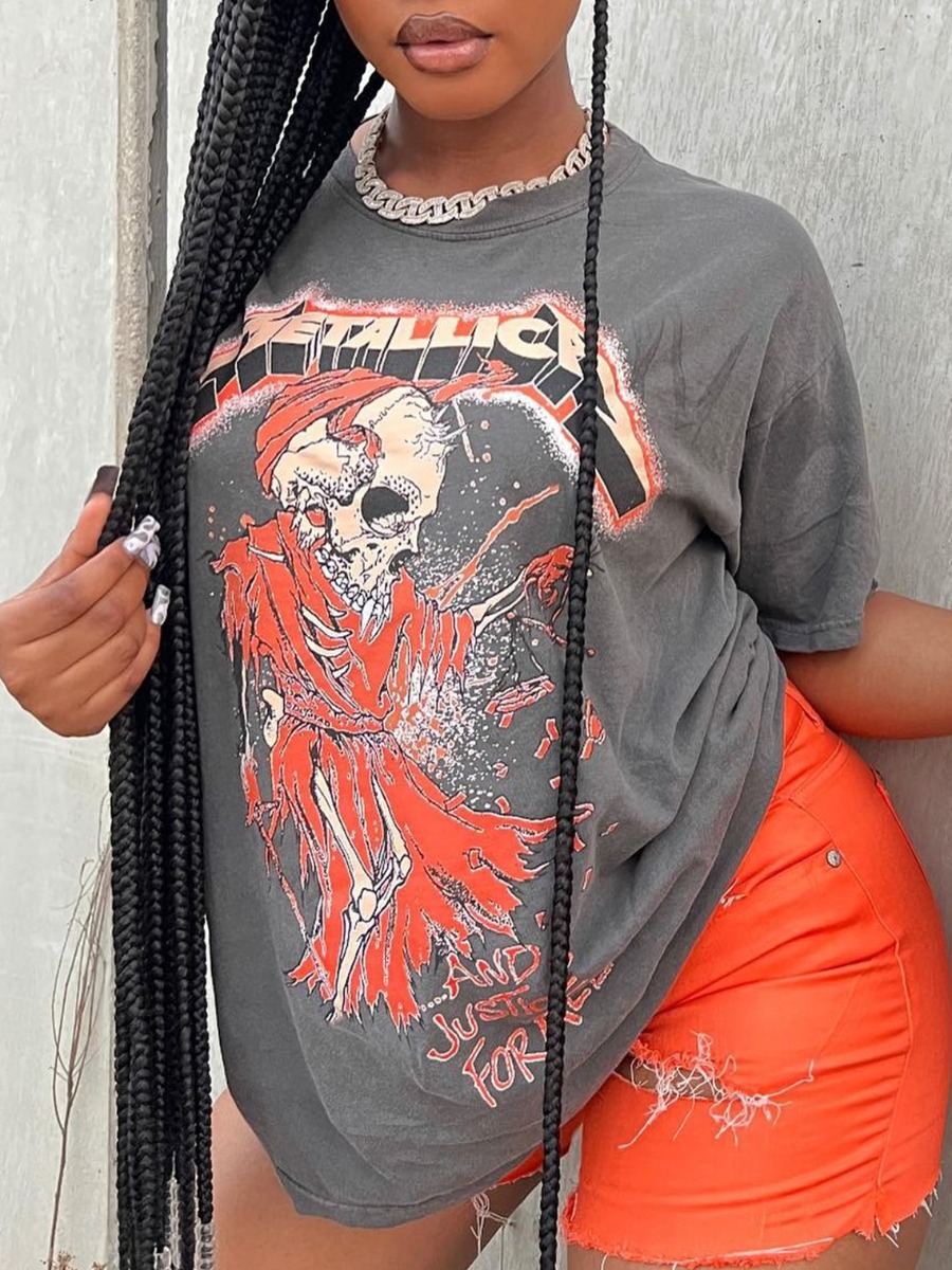 LovelyWholesale COTTON Skeleton Letter Print T-shirt Summer Short Sleeve Casual Pattern Round Neck Spring Summer 2024