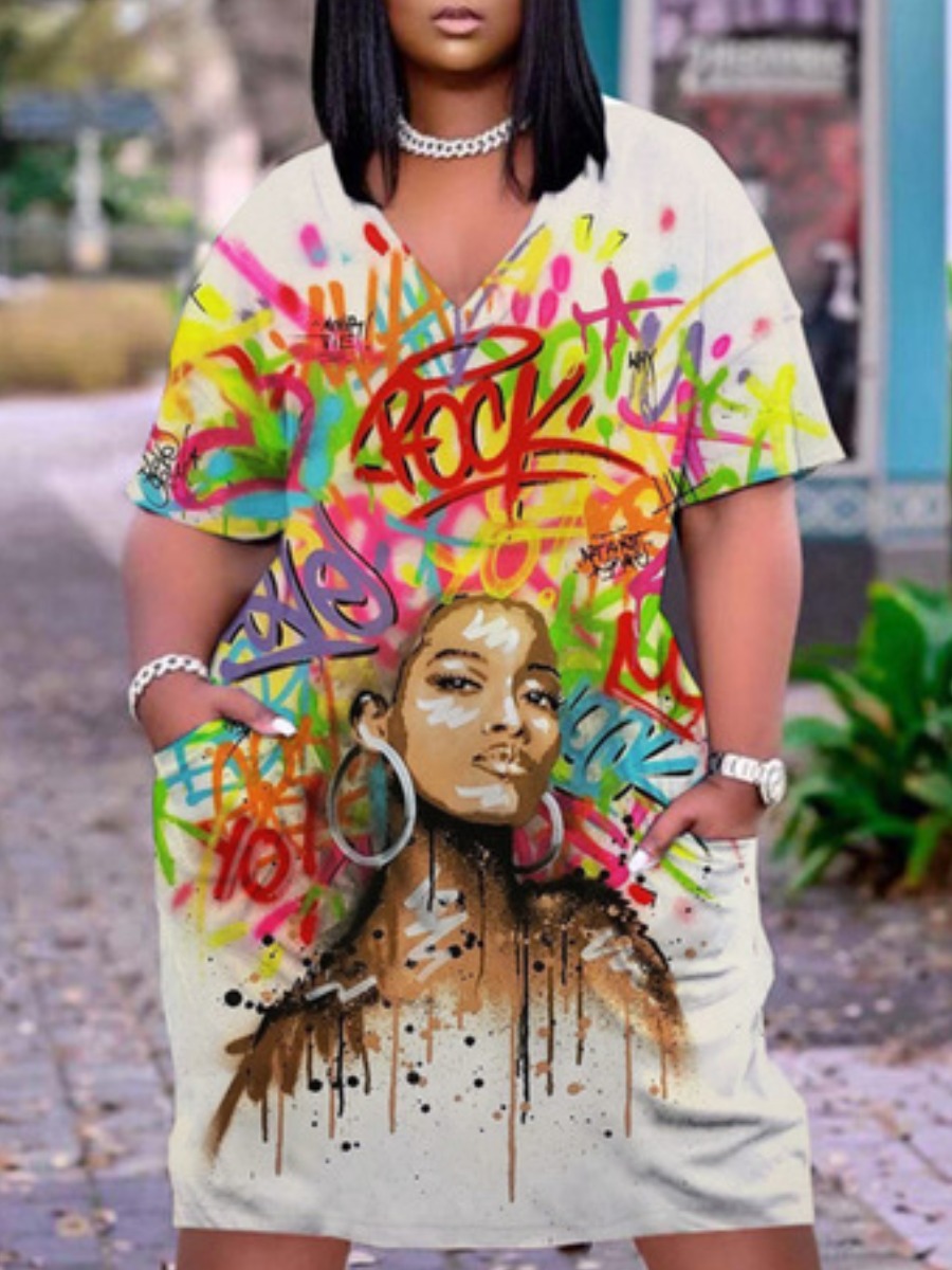 LW Plus Size Graffiti Figure Print Pocket Design Dress Sale ...