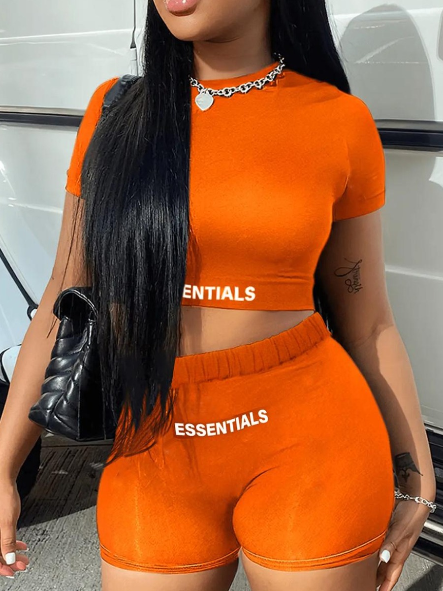 LW Crop Top Essentials Letter Print Shorts Set