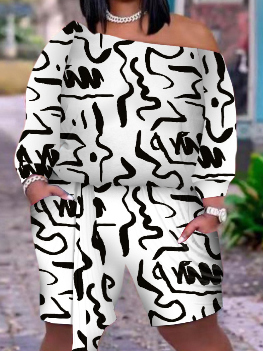 LovelyWholesale Plus Size Boat Neck Print Bandage Design Shorts Set Spring Long Sleeve Casual Lace Up Round Neck  5X Spring Summer 2024