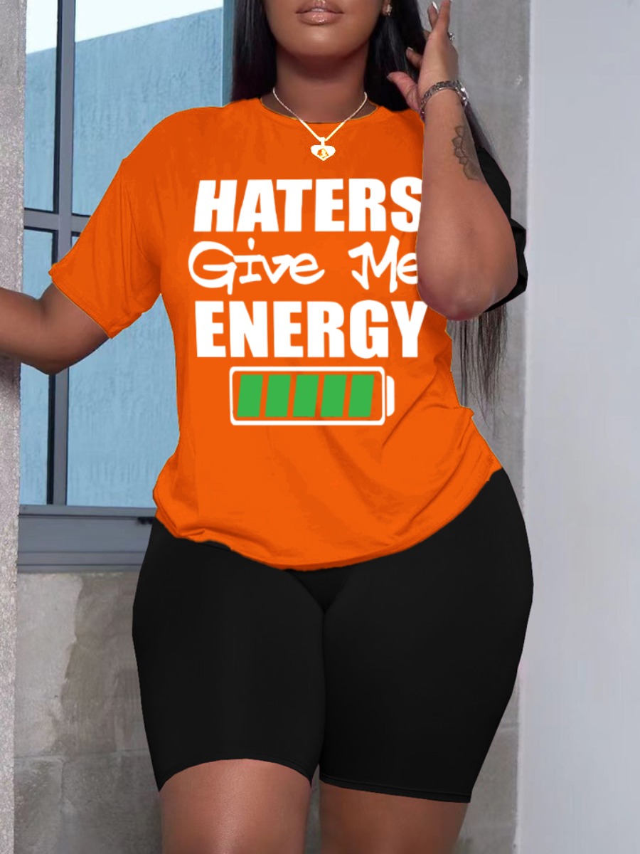 LovelyWholesale Plus Size Energy Letter Print Shorts Set Summer Short Sleeve Casual Round Neck  5X Spring Summer 2024
