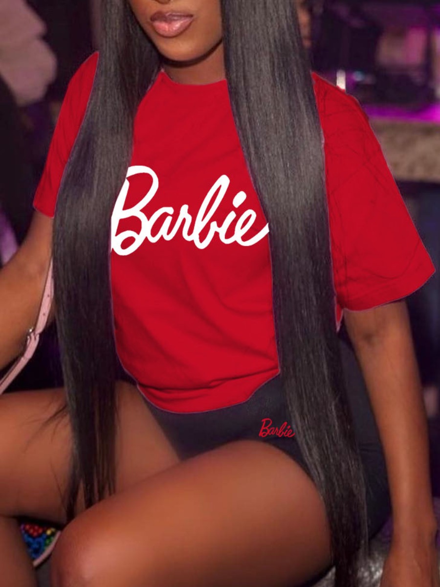 LovelyWholesale Barbie Letter Print Shorts Set Summer Short Sleeve Stylish Round Neck Spring Summer 2024