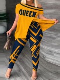 LW Queen Letter Print Striped Side Split Pants Set
