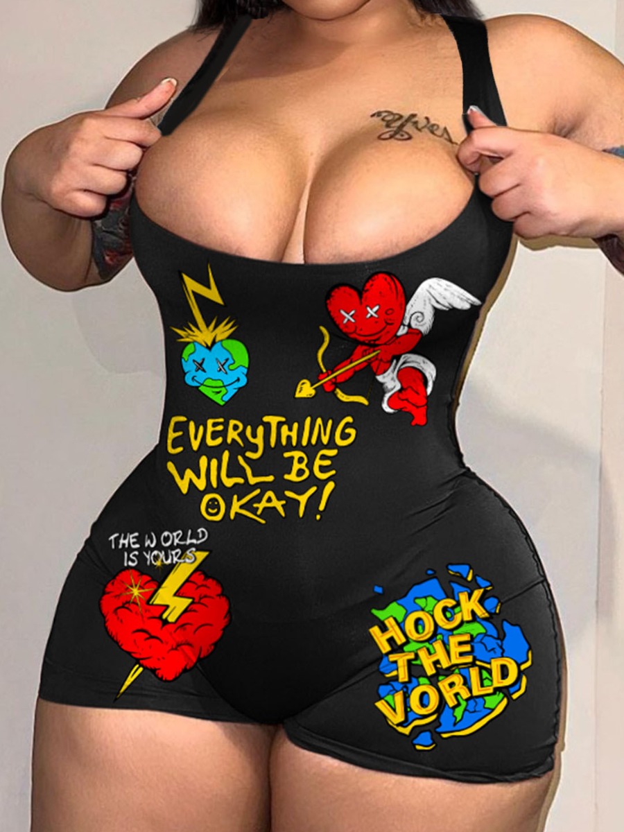 LW SXY Plus Size Cartoon Letter Print Romper
