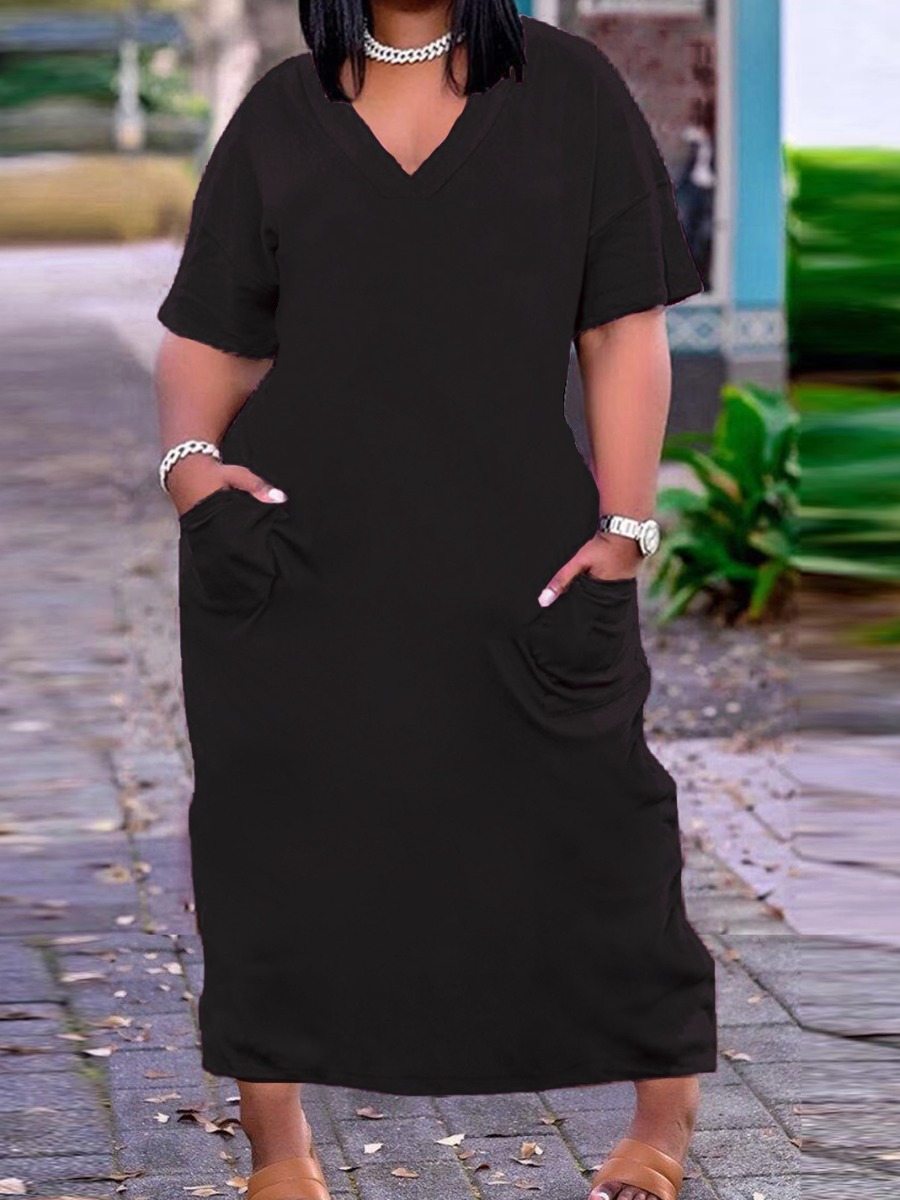 LW BASICS Plus Size V Neck Pocket Design Dress