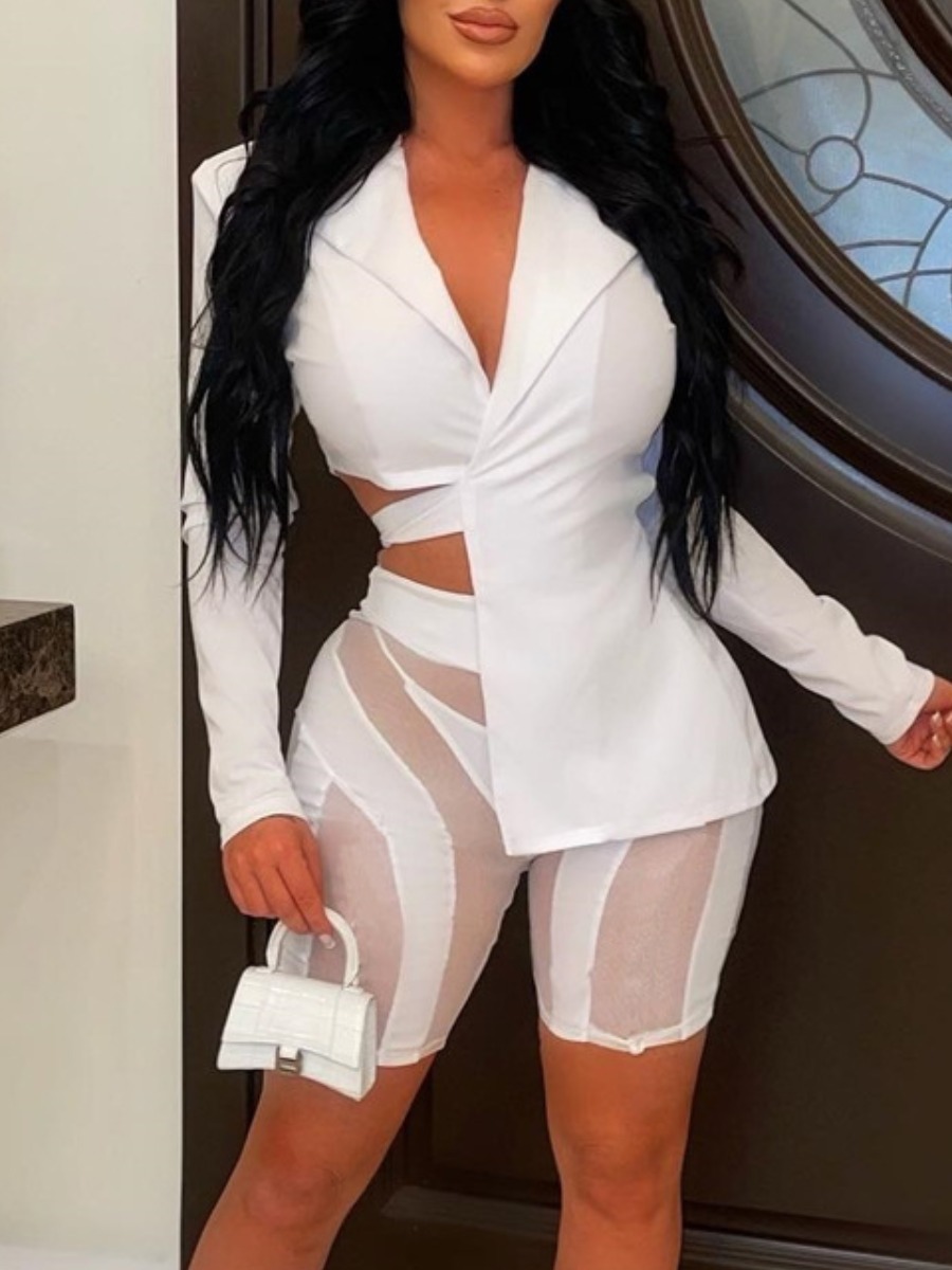 LovelyWholesale SXY Bandage Design Asymmetrical See Through Shorts Set Spring Long Sleeve Sxy Lapel Neck Spring Summer 2024