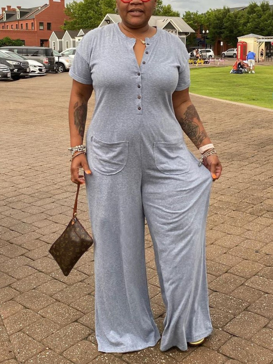 LW Plus Size Pocket Button Design Wide Leg Jumpsuit