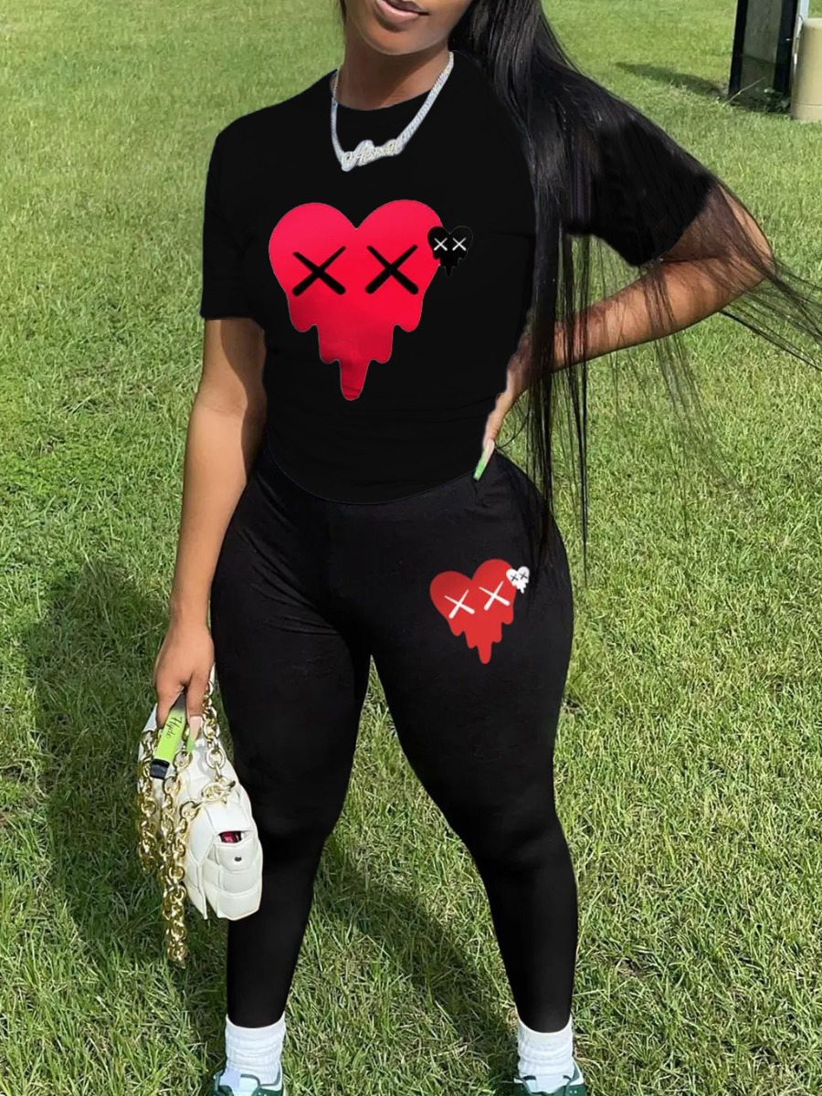LovelyWholesale Heart Print Skinny Stretchy Pants Set Spring Short Sleeve Casual Round Neck Spring Summer 2024