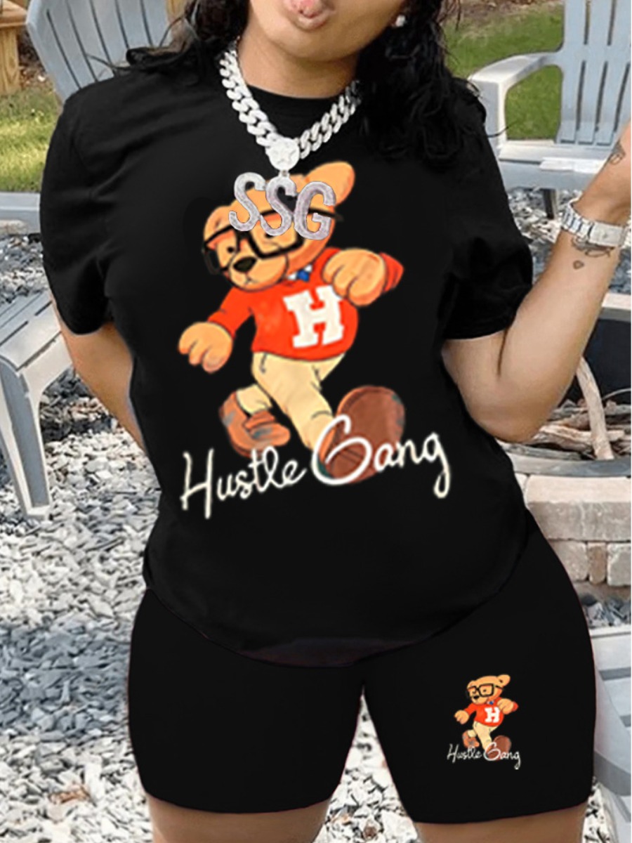 LovelyWholesale Plus Size Bear Cartoon Letter Print Shorts Set Summer Short Sleeve Casual Round Neck  5X Spring Summer 2024