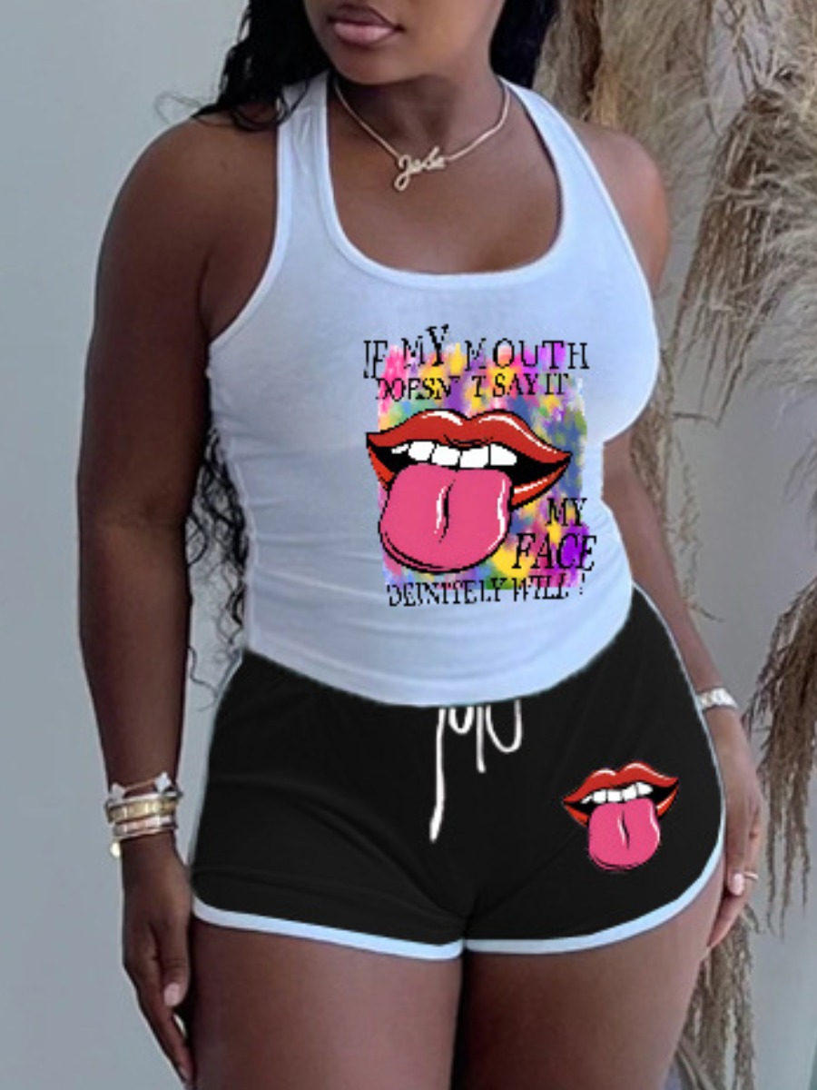 LW Cami Lip Letter Print Drawstring Shorts Set