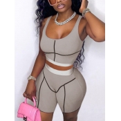 LW Sporty U Neck Striped Grey Two Piece Shorts Set