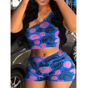 LW One Shoulder Crop Top Spiral Print Shorts Set