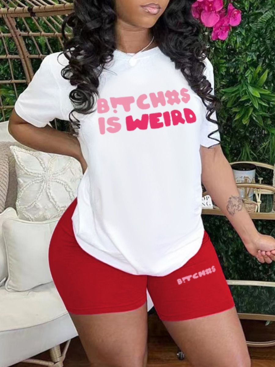 LovelyWholesale Round Neck Letter Print Shorts Set Summer Short Sleeve Casual Letter Print Round Neck Spring Summer 2024