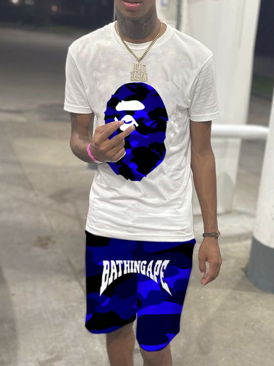 LovelyWholesale Men Camo Letter Print Drawstring Shorts Set Summer Short Sleeve Casual Print Round Neck Spring Summer 2024
