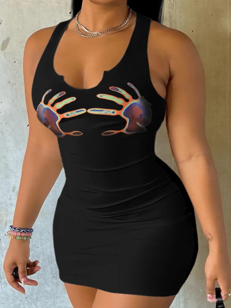LovelyWholesale Palm Print Bodycon Cami Dress Summer Sleeveless Street Pattern U Neck Spring Summer 2024