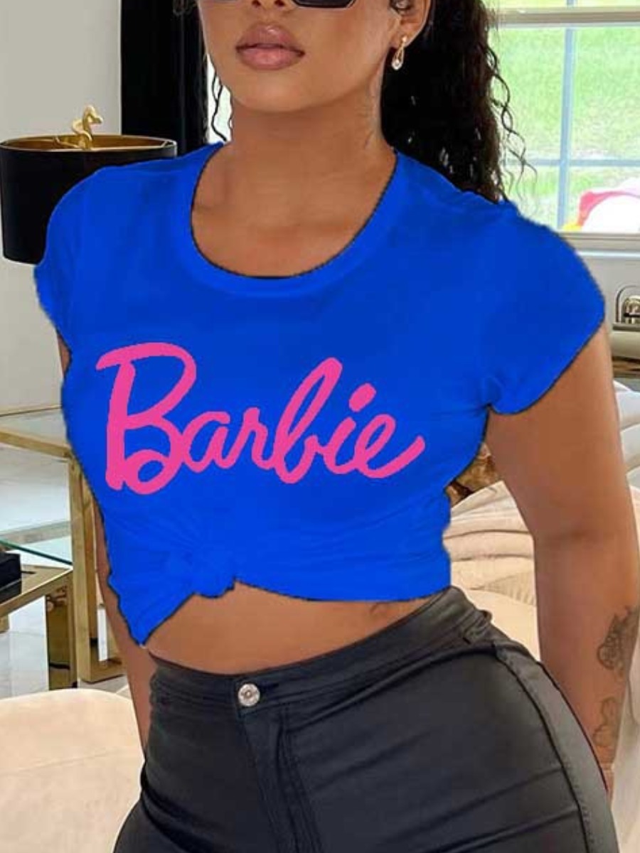 LovelyWholesale Barbie Letter Print Regular Fit T-shirt Summer Short Sleeve Casual Round Neck Spring Summer 2024