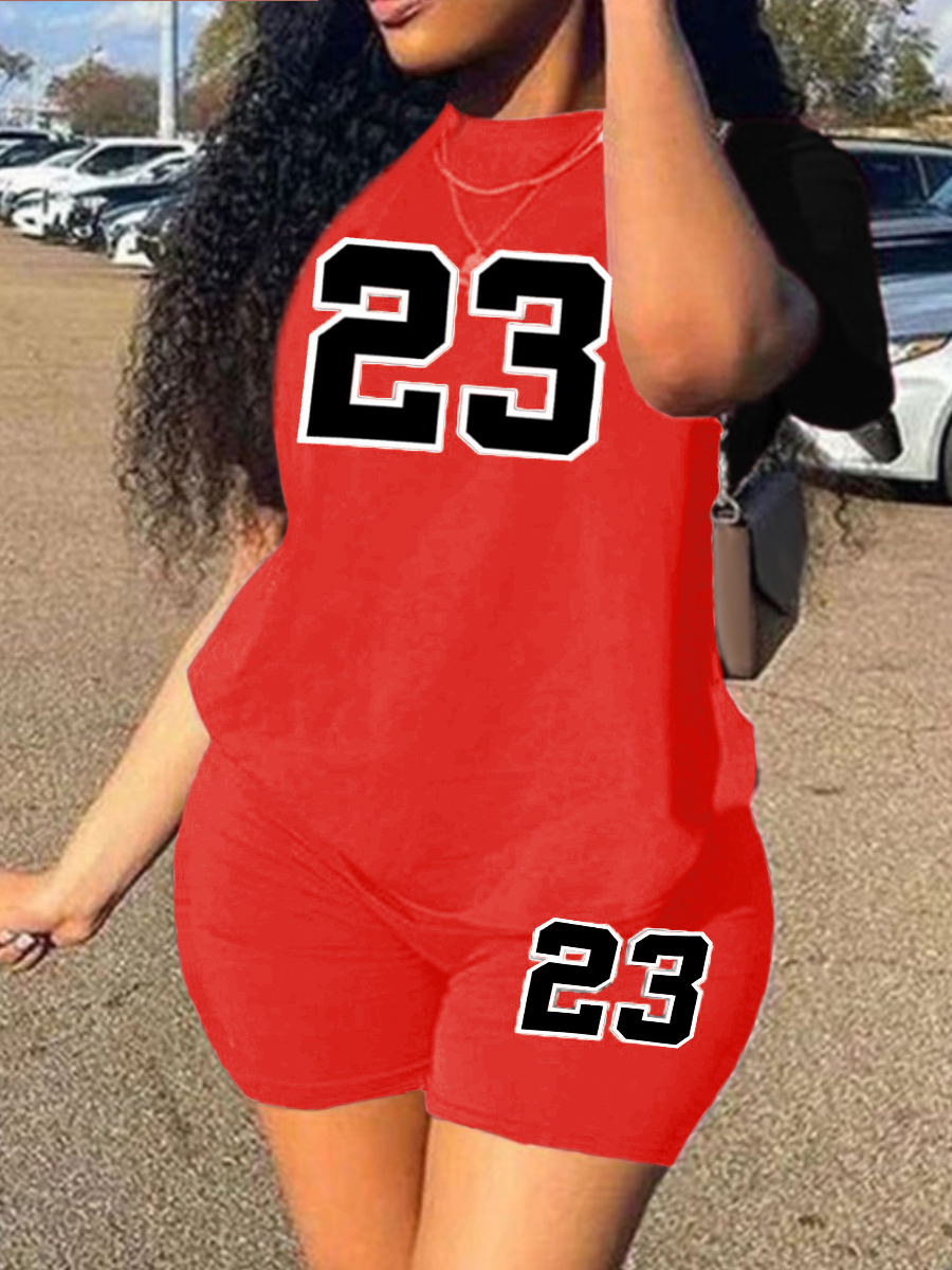 LovelyWholesale Plus Size Number 23 Print Stretchy Shorts Set Summer Short Sleeve Casual Round Neck  5X Spring Summer 2024