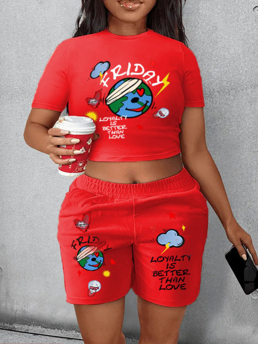LovelyWholesale Plus Size Crop Top Loyalty Is Better Than Love Print Shorts Set Summer Short Sleeve Casual Pocket Design Round Spring Summer 2024