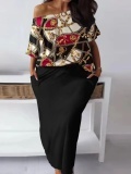 LW Plus Size One Shoulder Chain Print Pocket Design Skirt Set