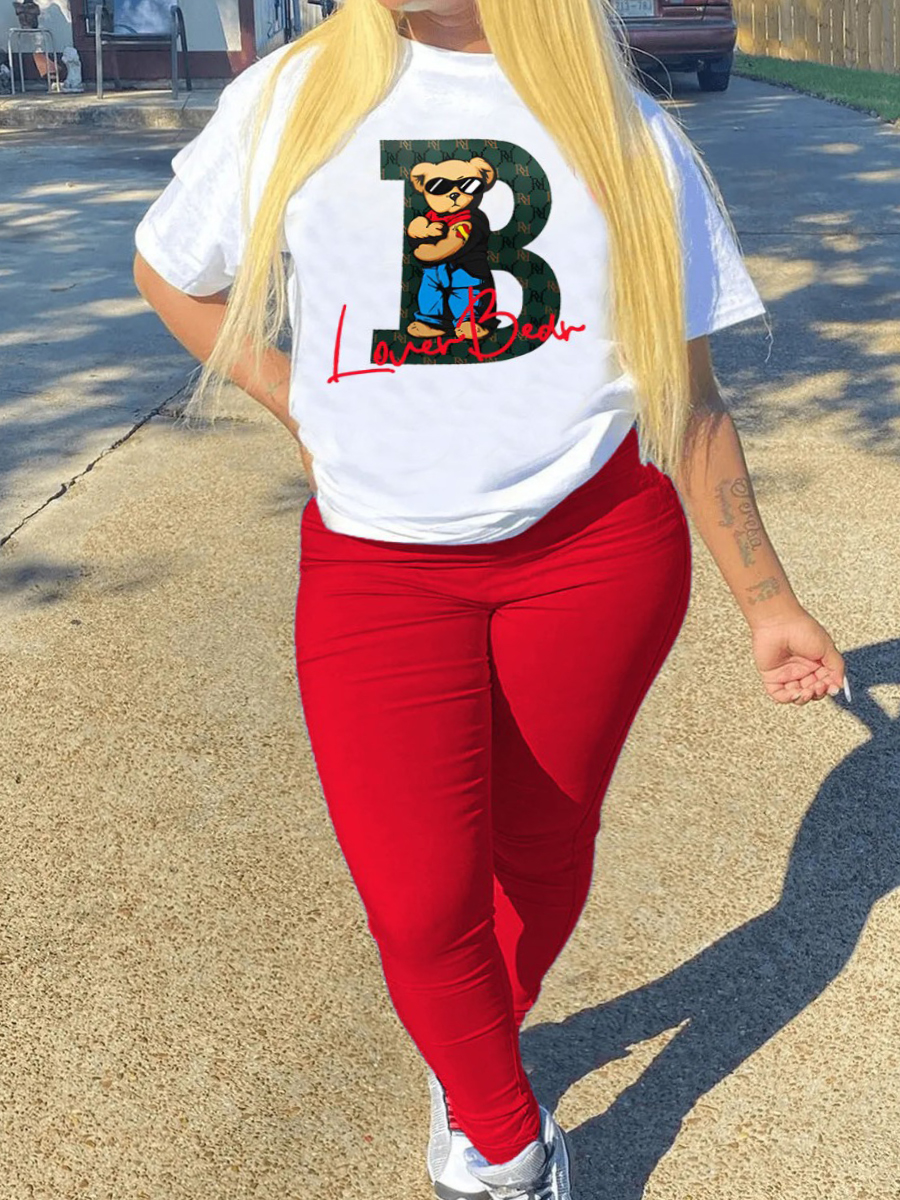 LovelyWholesale Plus Size Lover Bear Bear Letter Print Pants Set Spring Short Sleeve Casual Round Neck  5X Spring Summer 2024