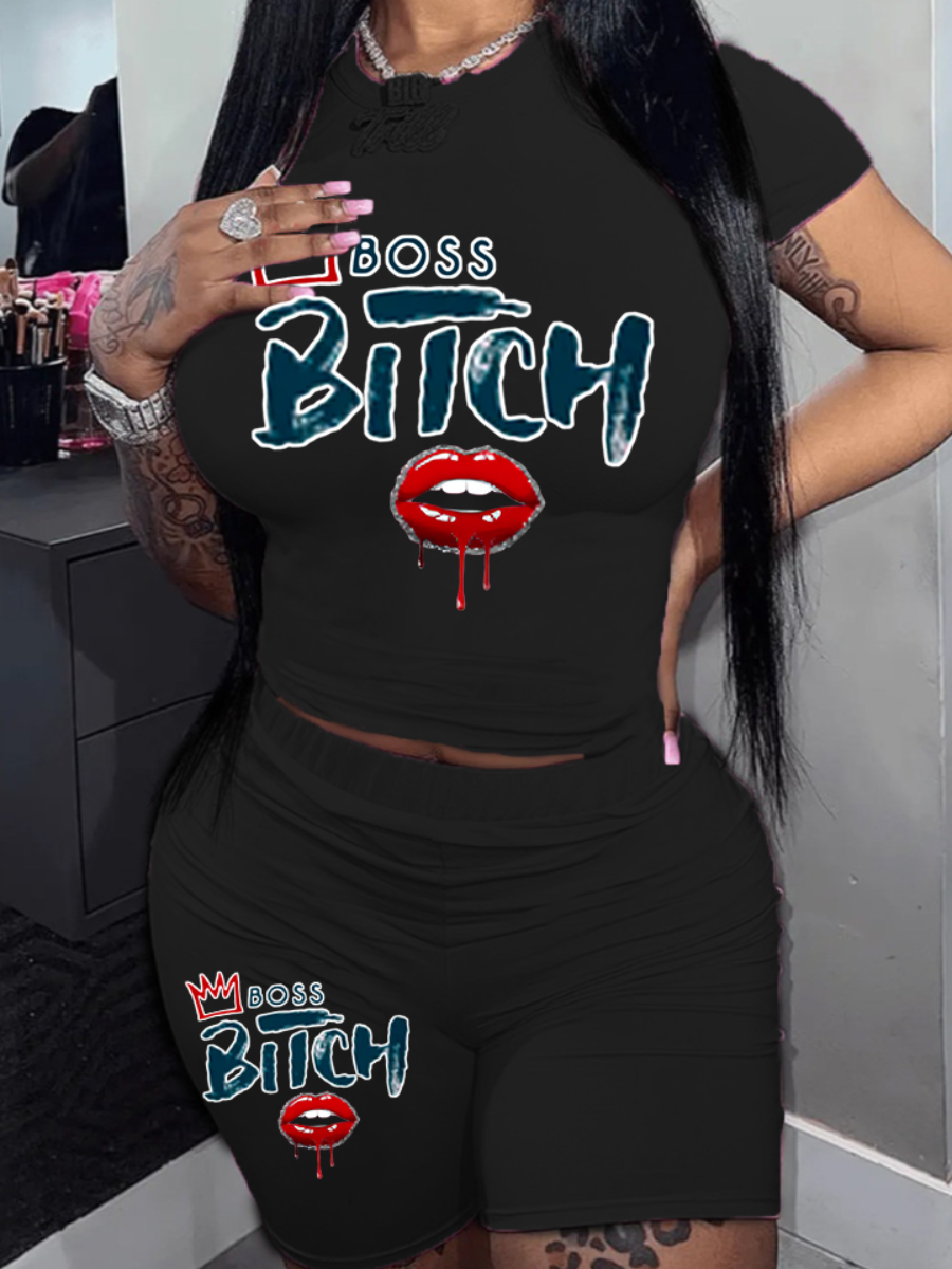 LW Crown Lip Letter Print Shorts Set