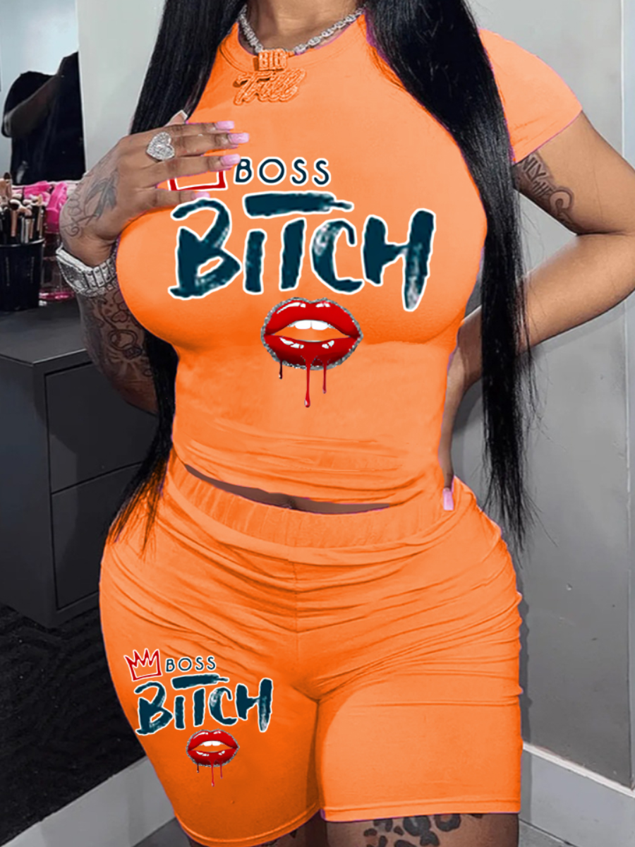 LW Crown Lip Letter Print Shorts Set