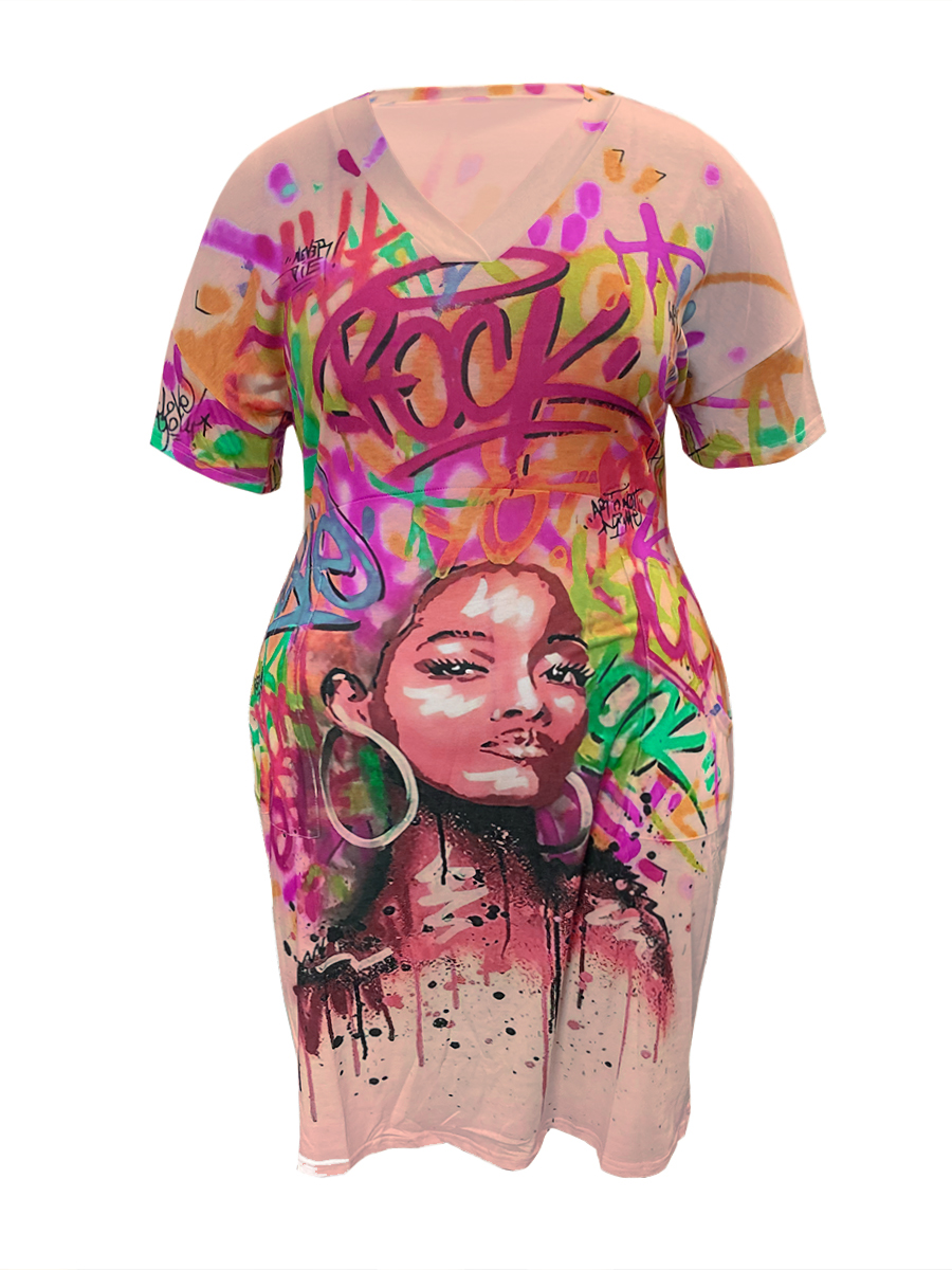 LW Plus Size Graffiti Figure Print Pocket Design Dress 4X