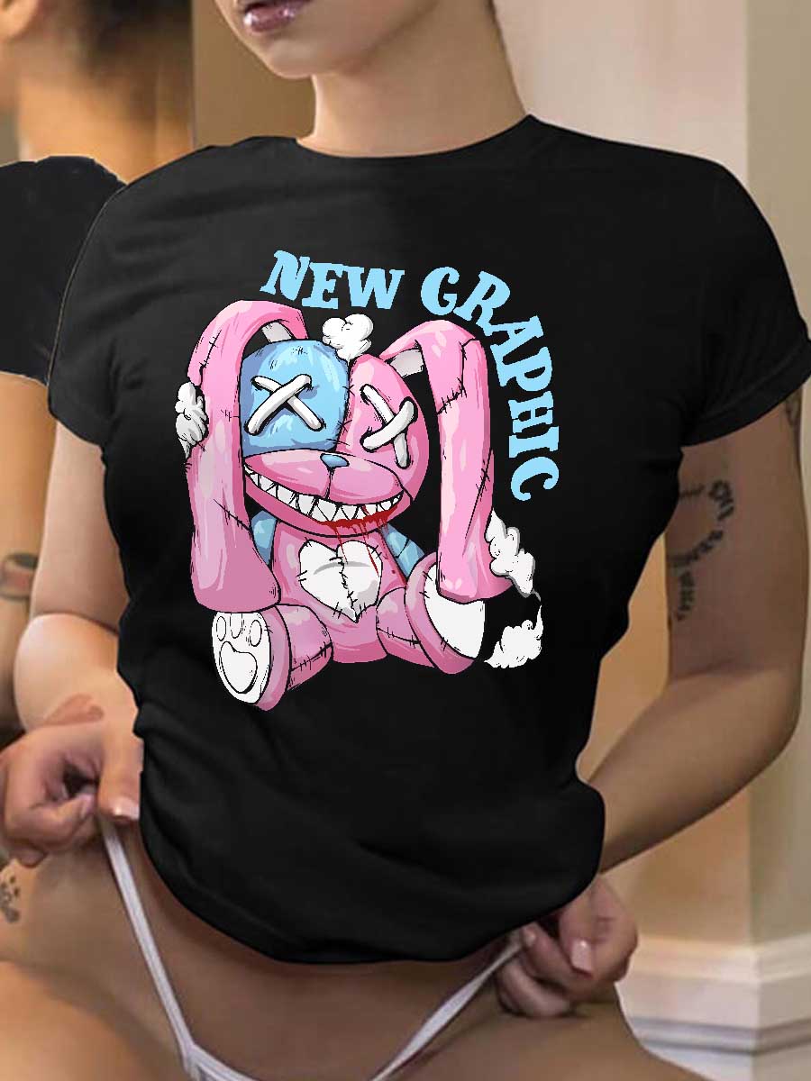 LovelyWholesale Cartoon Letter Print T-shirt Summer Short Sleeve Casual Pattern Round Neck Spring Summer 2024
