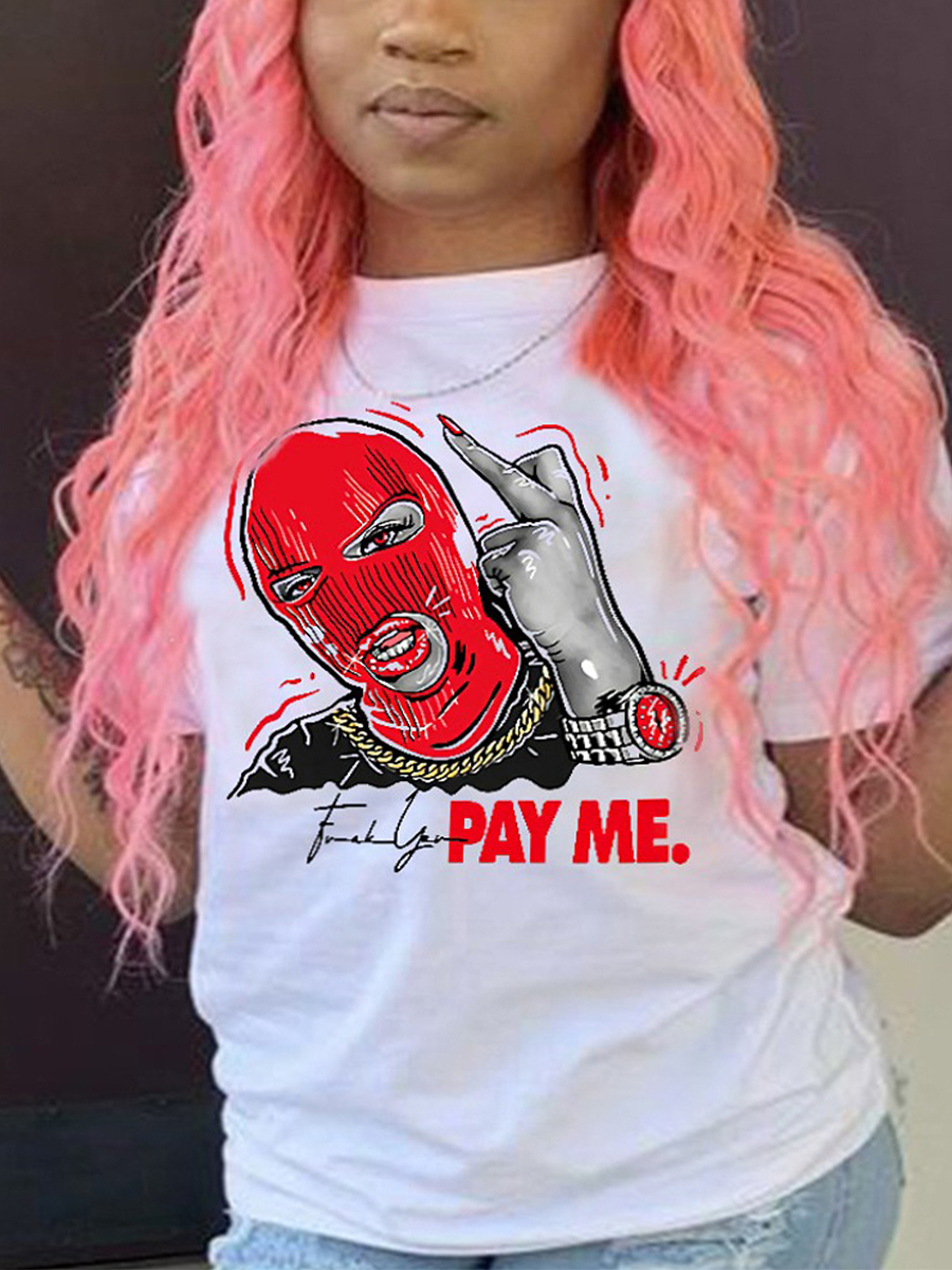 LovelyWholesale Plus Size Masked Face Figure Letter Print T-shirt Summer Short Sleeve Casual Round Neck  5X Spring Summer 2024