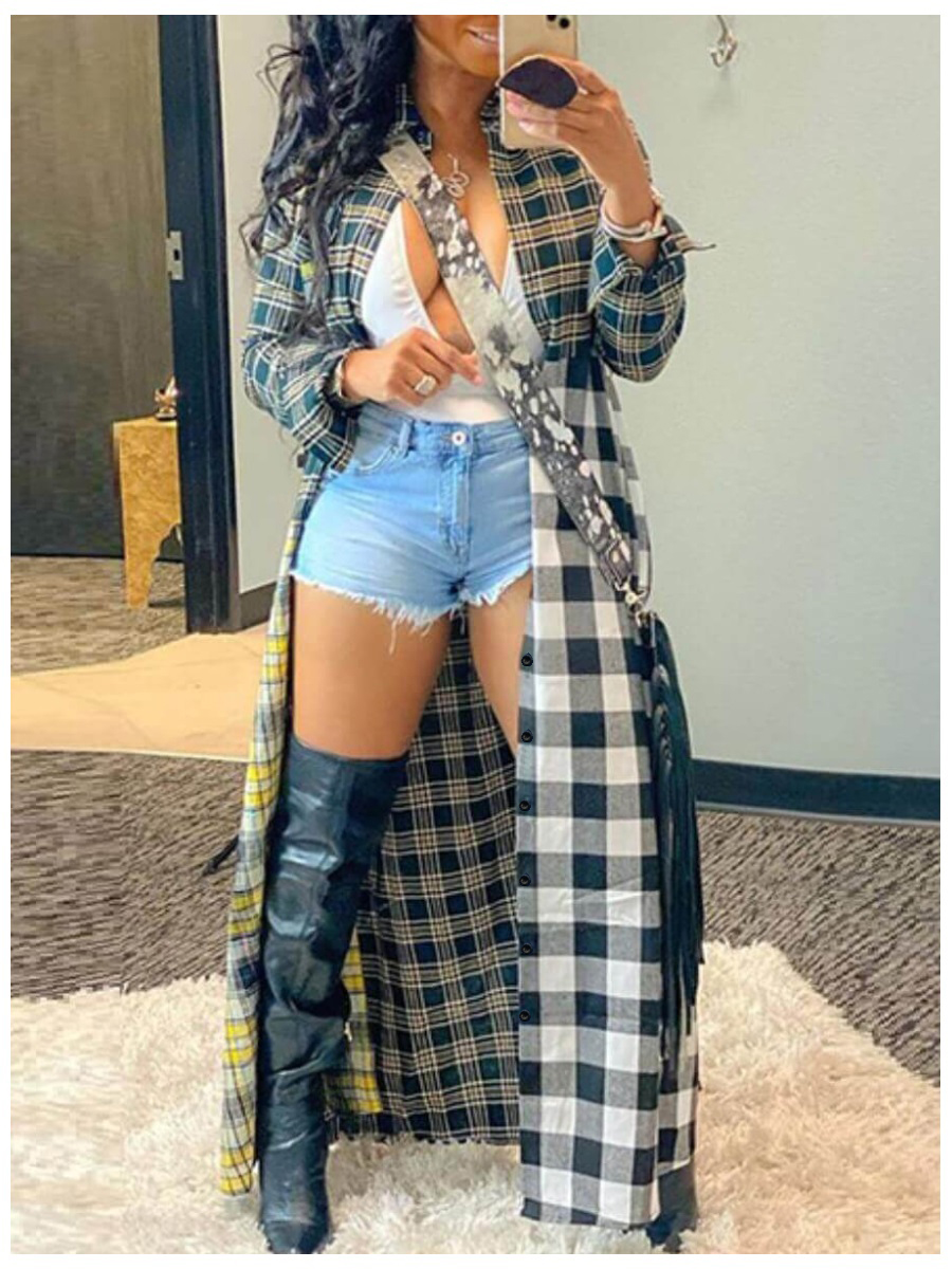 LW Casual Plaid Print Patchwork Multicolor Trench Coat