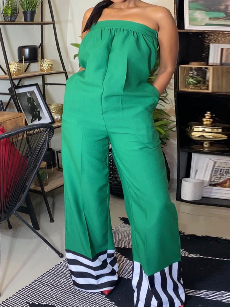 LW SXY Plus Size Off The Shoulder Striped Wide Leg Jumpsuit