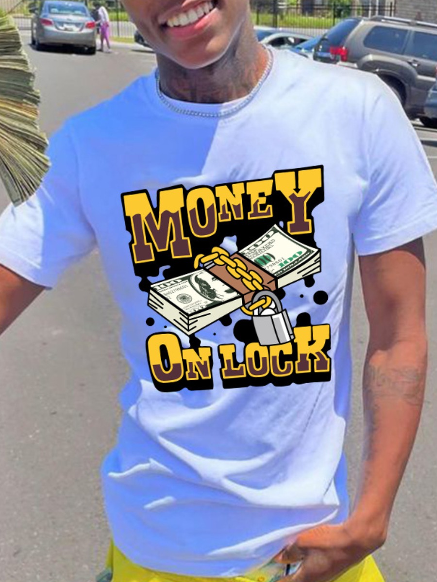 LovelyWholesale Men Money On Lock Letter Print T-shirt Summer Short Sleeve Casual Round Neck Spring Summer 2024