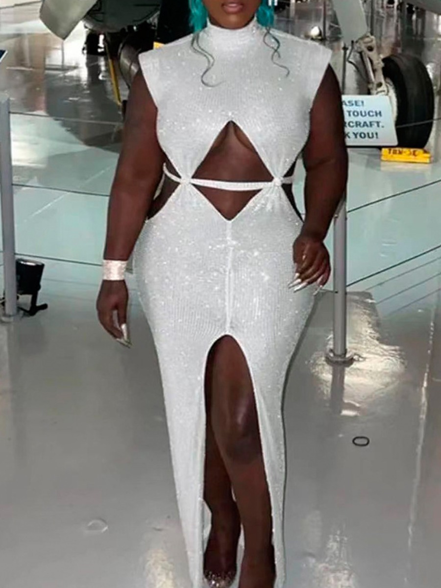 LovelyWholesale SXY Sequined Front High Split Cut Out Prom Dress All Seasons Sleeveless Sxy High Split Turtleneck Spring Summer 2024