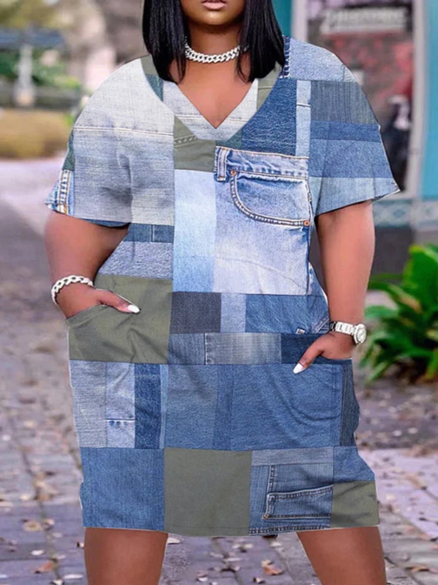 LovelyWholesale Plus Size Imitation Denim Pocket Design Patchwork Dress Summer Short Sleeve Casual Pocket Design V Neck  5X Spring Summer 2024