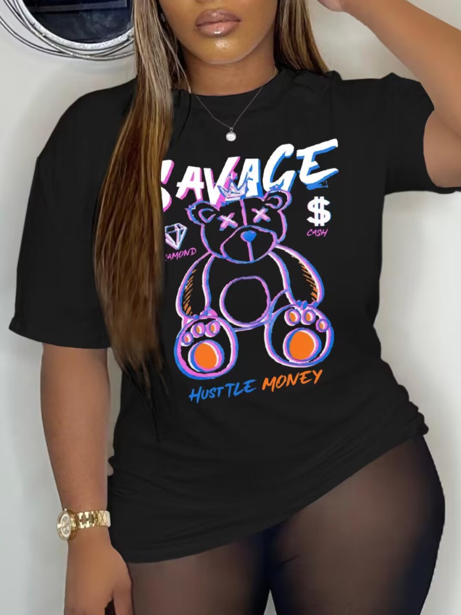 LovelyWholesale Plus Size Cartoon Letter Print T-shirt Summer Short Sleeve Casual Round Neck  5X Spring Summer 2024