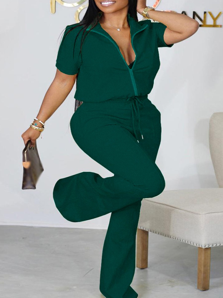 LovelyWholesale BASICS Zipper Design Drawstring Flared Pants Set Spring Short Sleeve Casual Zipper Design Mandarin Collar Spring Summer 2024