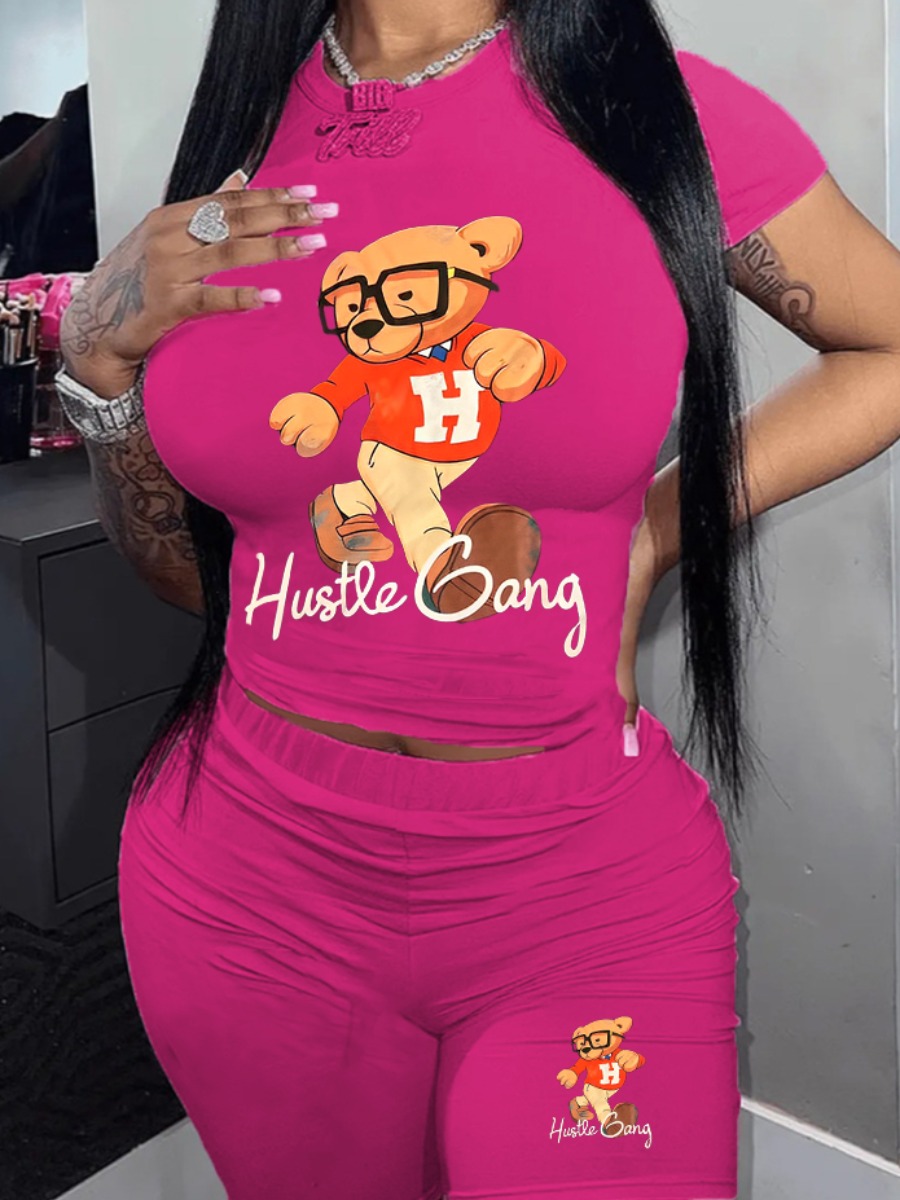 LW Plus Size Bear Cartoon Hustle Gang Letter Print