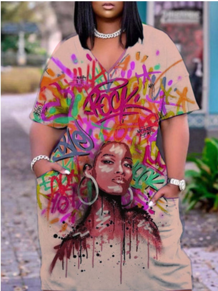 LW Plus Size Graffiti Figure Print Pocket Design Dress 4X