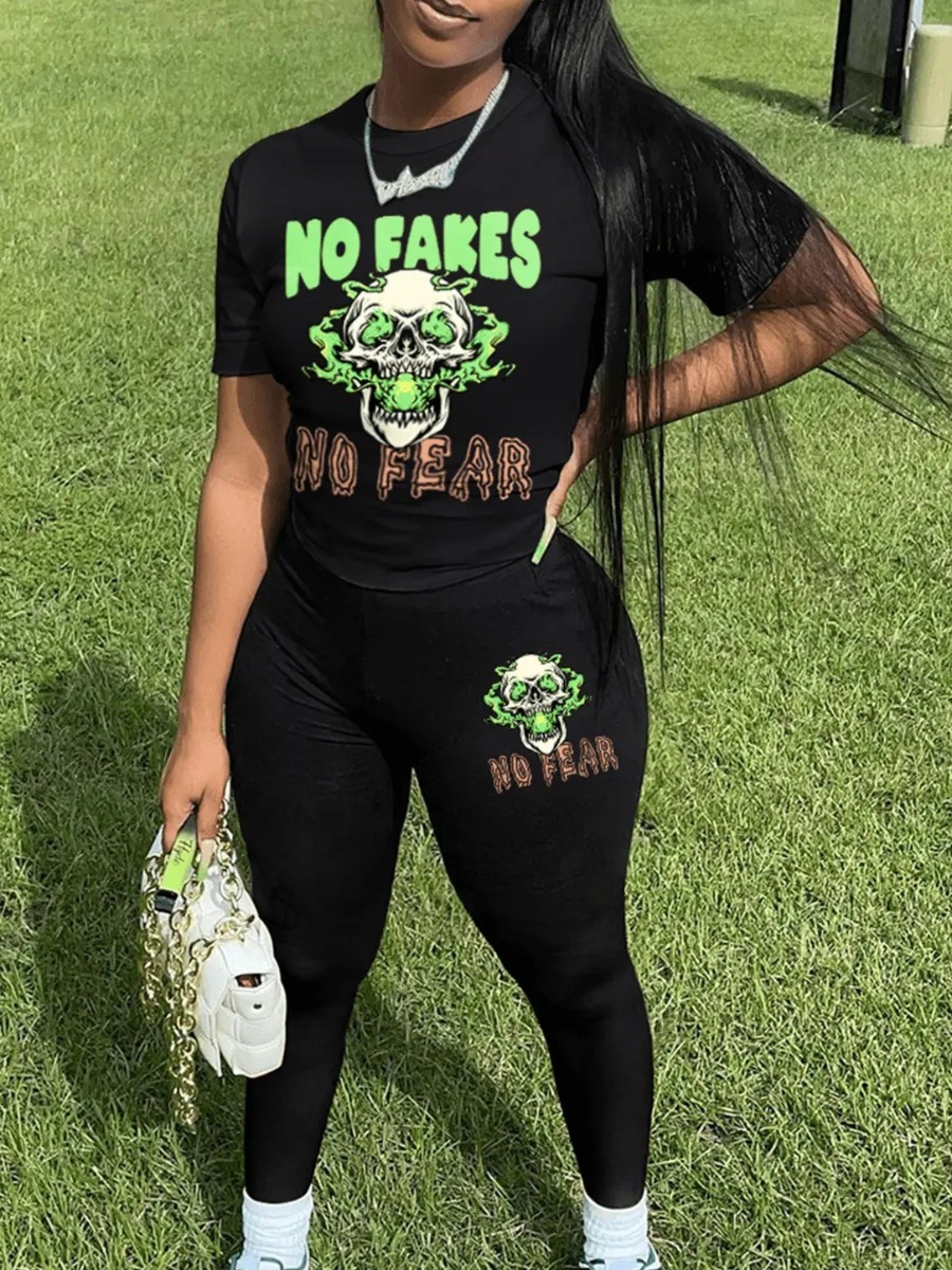 LovelyWholesale Skull Head Letter Print Pants Set Spring Short Sleeve Casual Pattern Round Neck Spring Summer 2024