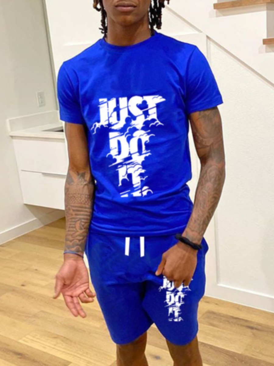 LovelyWholesale Men Just Do It Letter Print Drawstring Shorts Set Summer Short Sleeve Casual Print Round Neck Spring Summer 2024