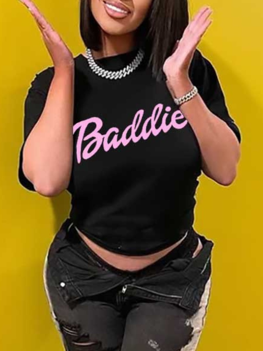 LovelyWholesale Baddie Letter Print T-shirt Summer Short Sleeve Casual Pattern Round Neck Spring Summer 2024