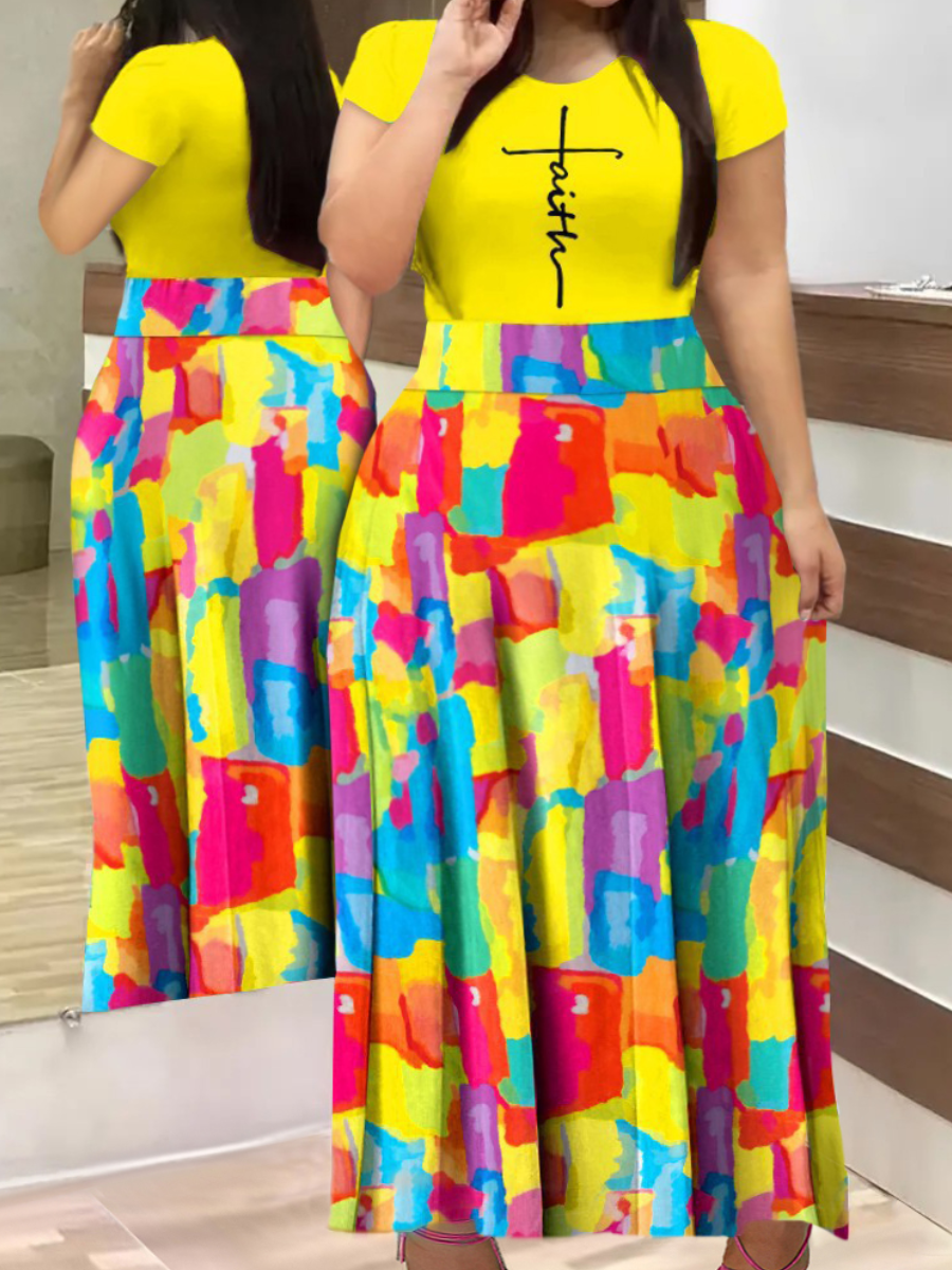LovelyWholesale Plus Size Faith Letter Print Patchwork A Line Dress Summer Short Sleeve Casual Patchwork Round Neck  5X Spring Summer 2024