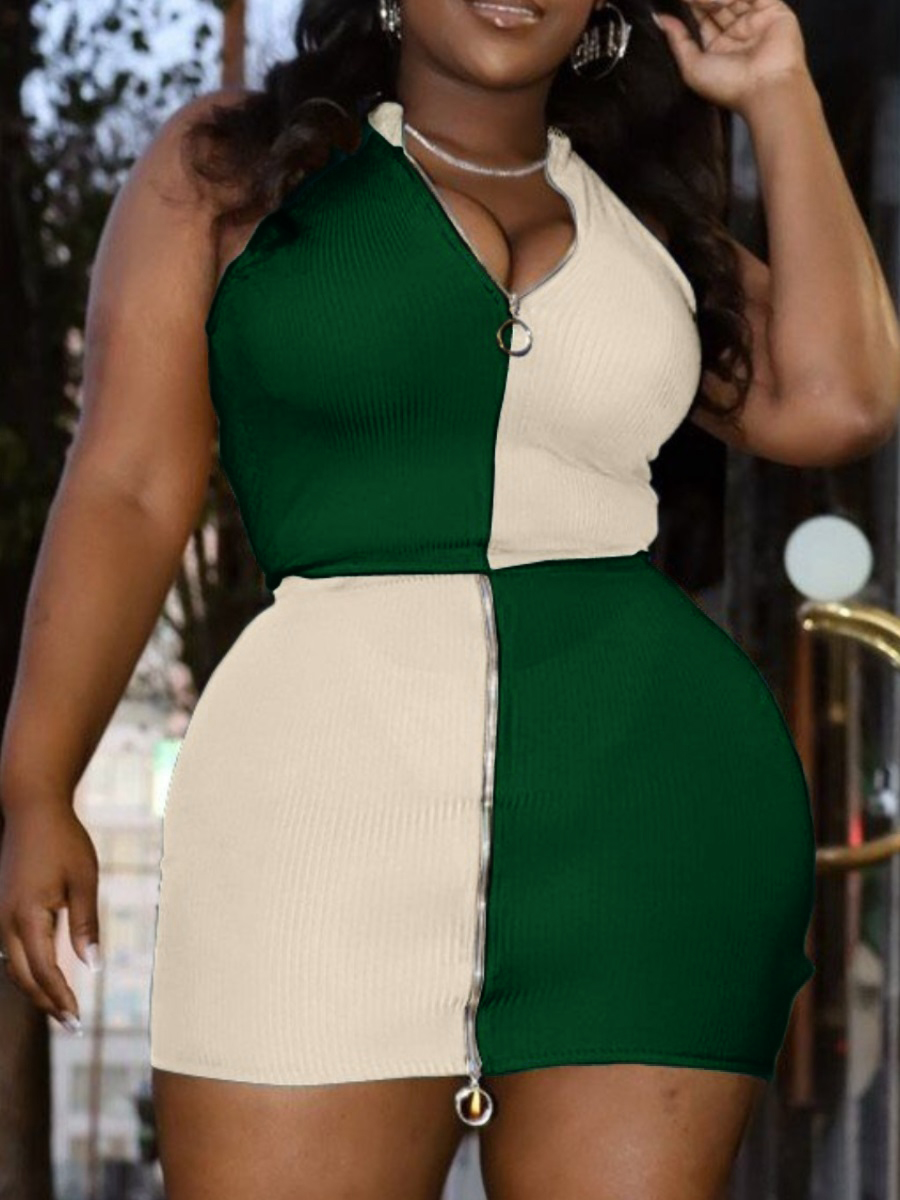 LW Plus Size Casual Color-lump Zipper Design Green Two-piece Skirt Set